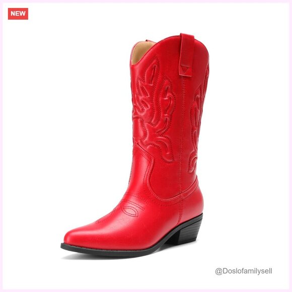 Shoes - Women's Mid Calf Cowboy Boots with Embroidery Stitching, 1.37-Inch Heel